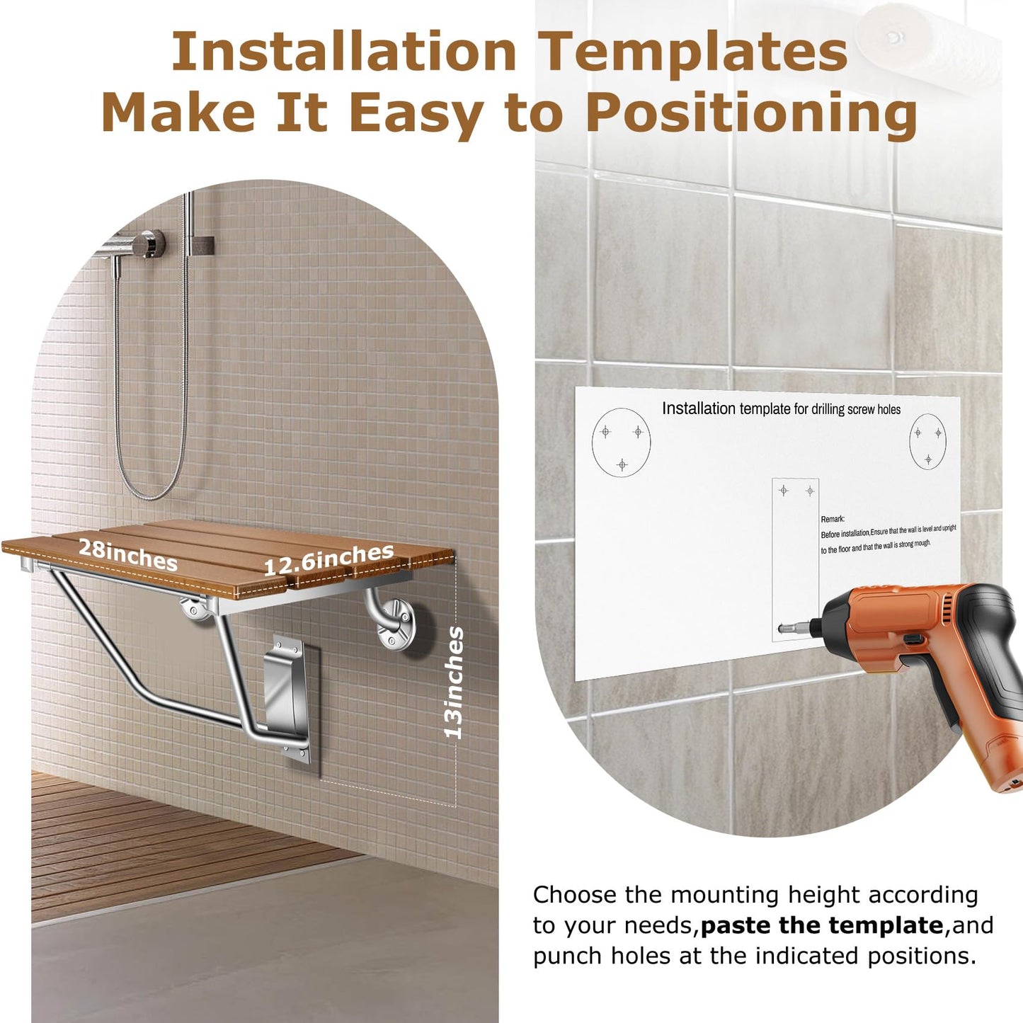 28" Wall Mounted Folding Shower Seat with Stainless Steel Bracket, Structural Stability, 500 lb Capacity, Space-Saving, Teak Shower Bench for Elderly, Disabled, Pregnant Women, Kids