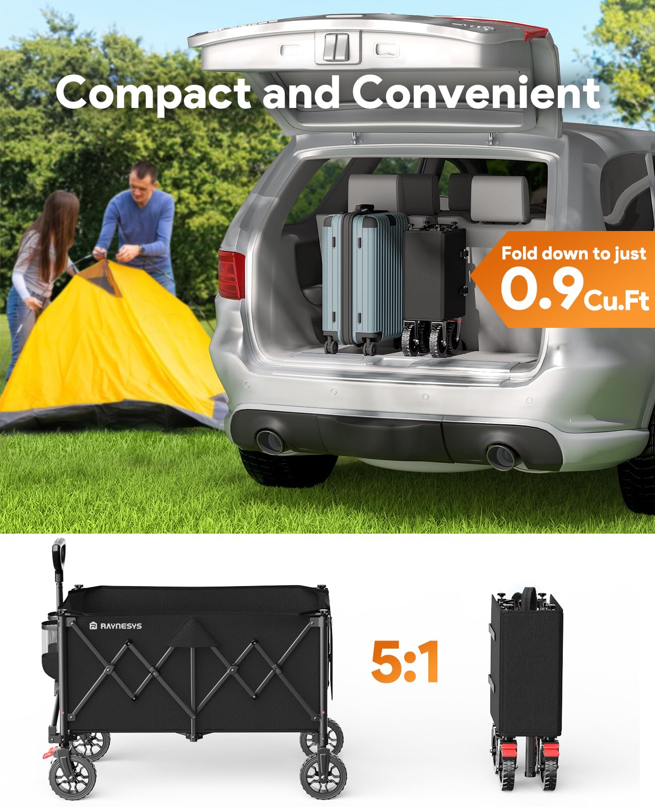 Raynesys Collapsible Foldable Wagons, 440lbs Capacity Wagons Carts Foldable with All-Terrain Wheels, Heavy Duty Utility Wagon Carts with Brakes for Camping, Sports, Shopping, Grocery, Black