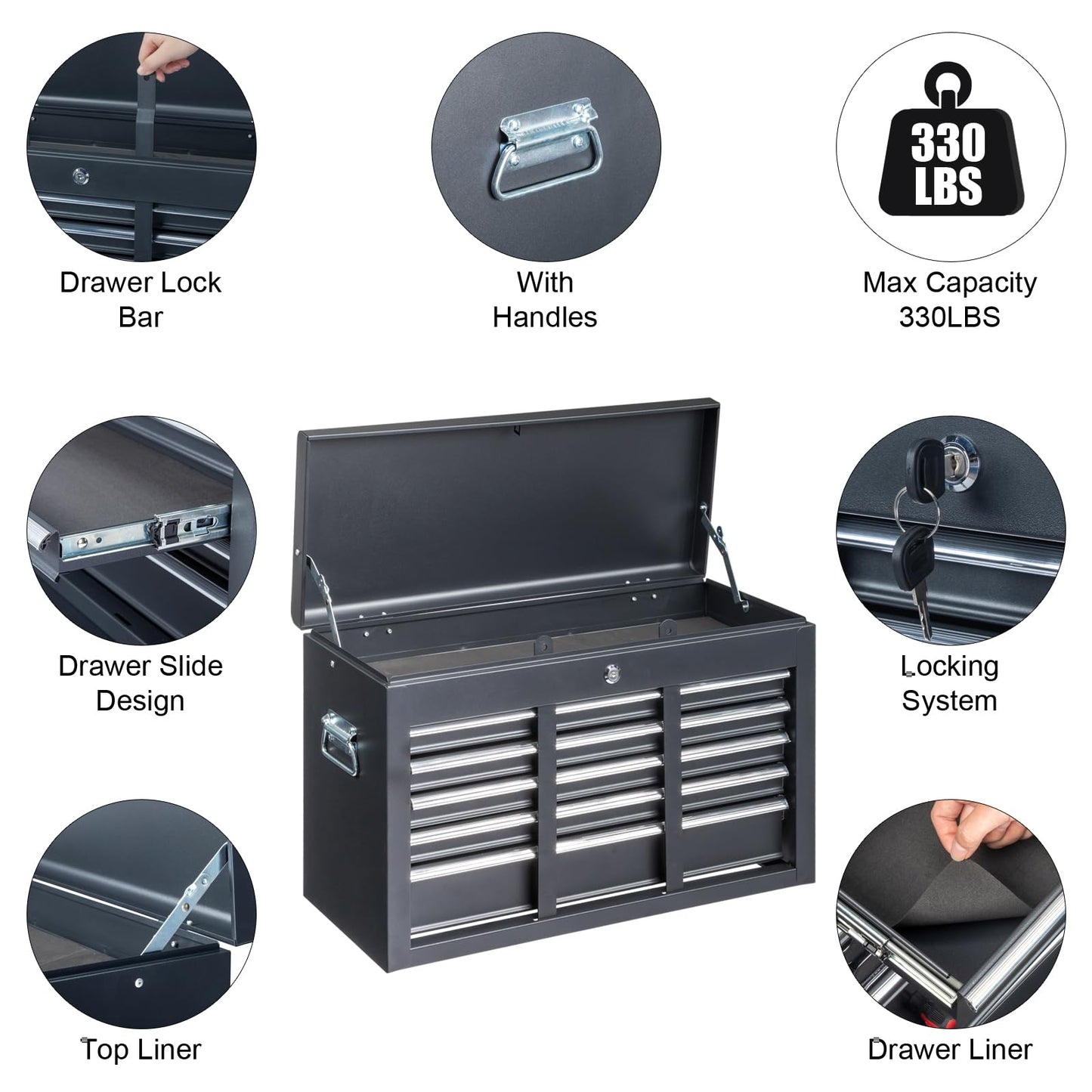 Winado 24" Portable Metal Tool Box, 5 Drawers Toolbox with Top Storage Tray, Carry Handle, Ball Bearing Runners, Lockable Tool Chest Cabinet for Garage, Warehouse, Repair Shop & Home, Black