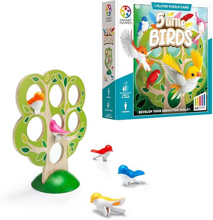 SmartGames 5 Little Birds Wooden Logic Puzzle Game with 60 Challenges – Deduction Game for Ages 5+