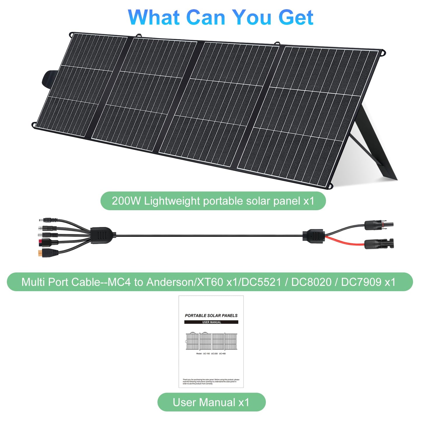 DSOGFOA 200W Solar Panel, Lightweight Portable Solar Charger, HPBC 25% High-Efficiency for Camping, Hiking, RV, Boats, with USB-A & USB-C Ports, Four-Fold Design
