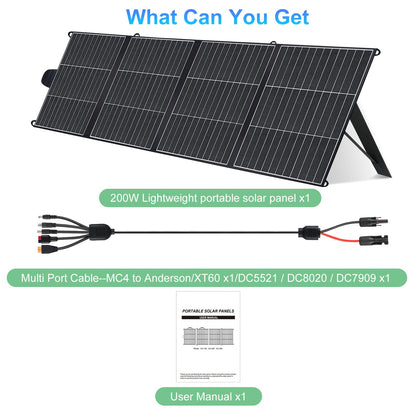 DSOGFOA 200W Solar Panel, Lightweight Portable Solar Charger, HPBC 25% High-Efficiency for Camping, Hiking, RV, Boats, with USB-A & USB-C Ports, Four-Fold Design
