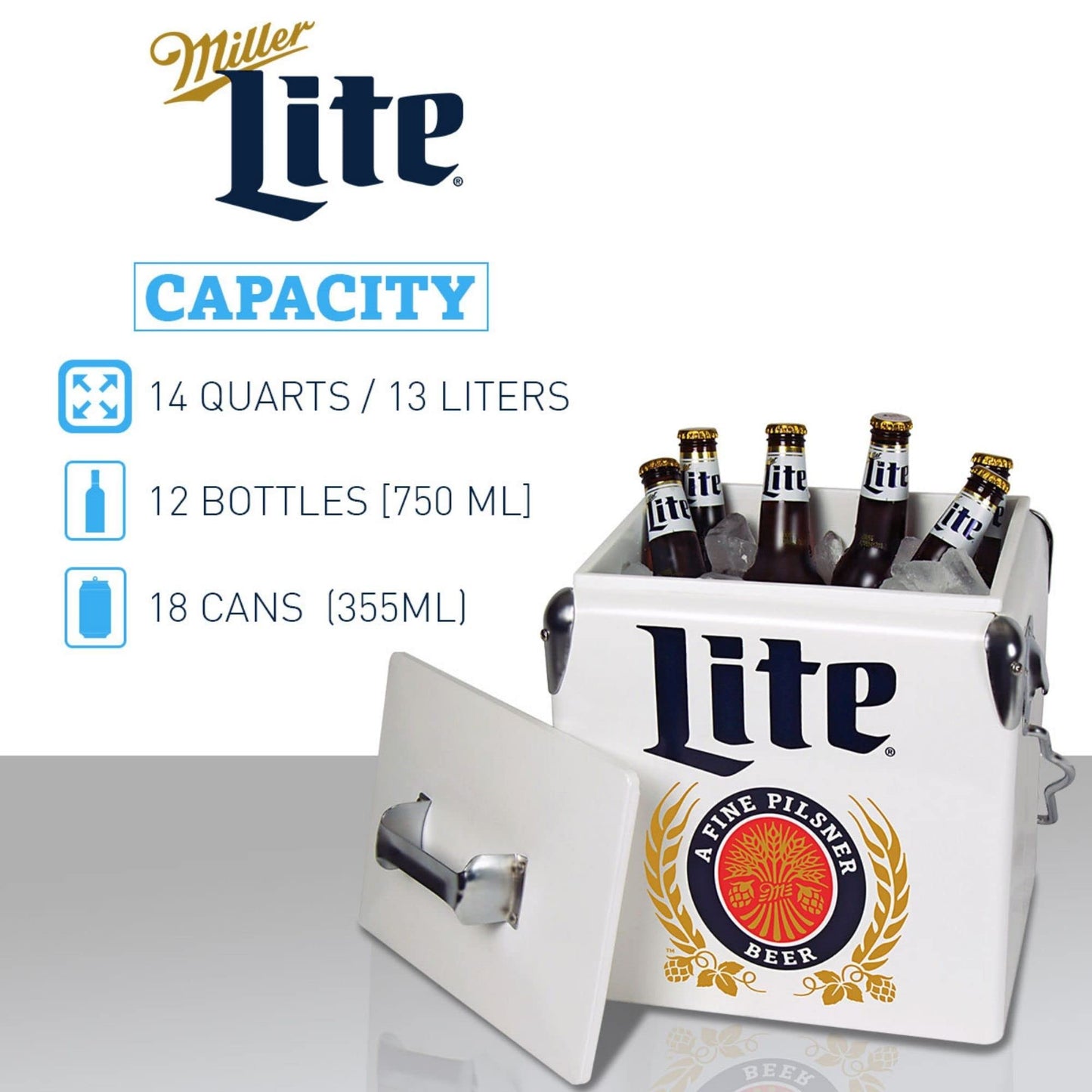 Miller Light Retro Ice Chest Cooler - 18 Can Ice Box, Portable Ice Bucket with Bottle Opener, Vintage Style, Insulated for Camping, Beach, Picnic, RV, BBQs, Tailgating, Fishing, 13L (14 qt)
