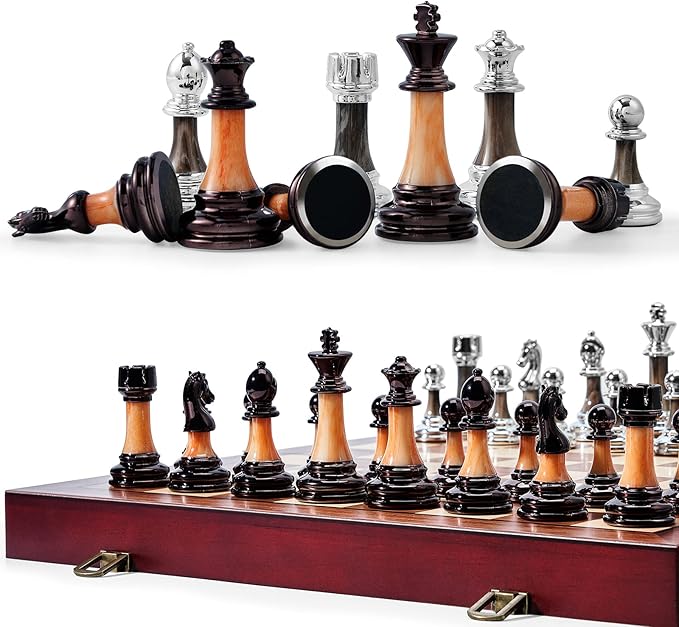 VAMSLOVE Chess Set Large 16''/42cm Folding Wooden Board with Deluxe Weighted Acrylic Chess Pieces - 3.5 King with Storage Slots for Adults House Warming Retirement Gift