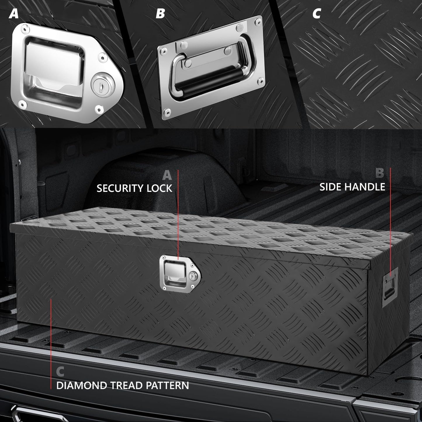 DNA MOTORING Aluminum Lockable Storage Box, Trailer Tongue & Truck Bed Tool Box w/Keys & Side Handle, Black Organizer w/Diamond Tread Pattern, 39"L x 13.3"W x 10"H, TBOX-T5-004-BK