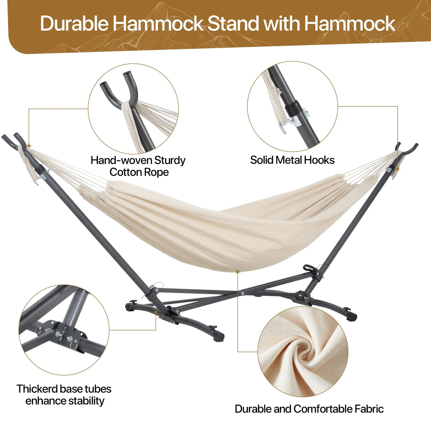 Homgava Portable Hammock with Folding Hammock Stand,Heavy Duty Steel Hammock Stand for Indoor and Outdoor with Carrying Bag,3 Holes for Height Adjustment, 550 LBS Weight Capacity,Off White