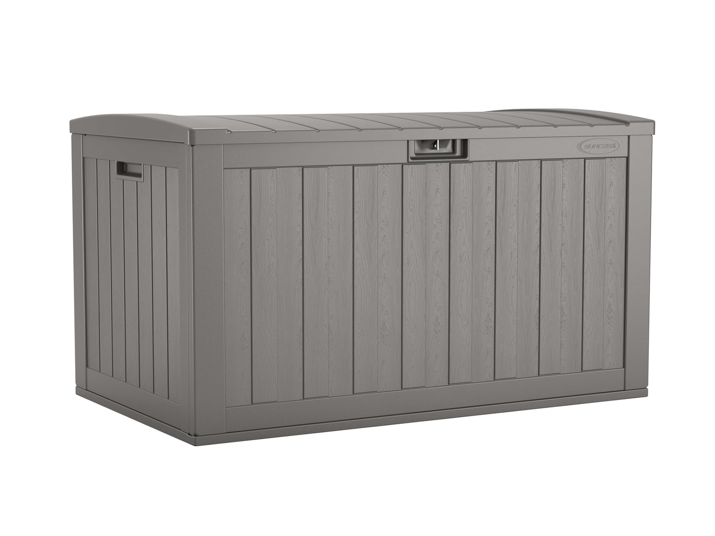 Suncast 134-Gal. Resin Extra-Large Outdoor Patio Deck Box with Pad-Lockable Lid, Modern Outdoor Patio Bench/Storage Box for Cushions, Garden Tools, and More, Dove Gray