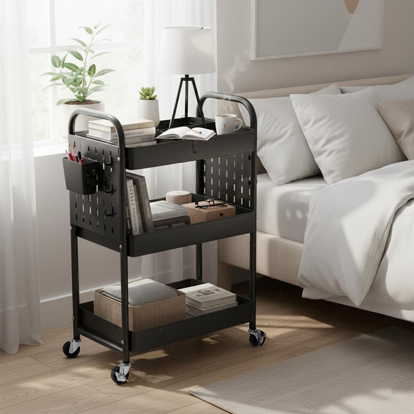 danpinera Craft Cart, Black Rolling Cart with Retractable Dividers & DIY Pegboards for Kitchen, Bedroom, Laundry