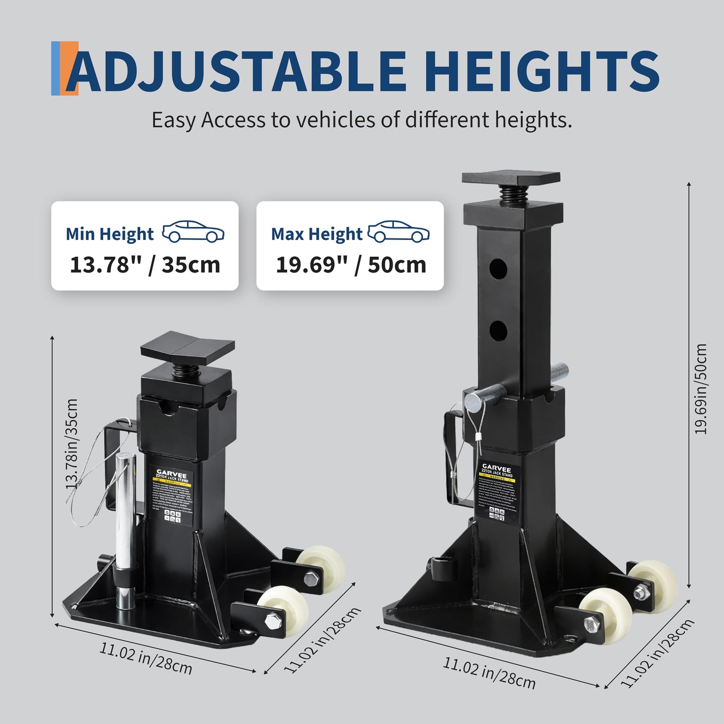 22 Ton Jack Stands,Heavy Duty Pin Type Car Jack Stand with Lock,2 Caster Wheels AndWide Base Safety Design for Supporting Trucks, Trailers and Equipment,Adjustable Height 13.8"-19.7",Black,1 Pair