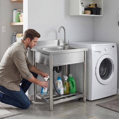Free Standing Stainless-Steel Single Bowl Commercial Restaurant Kitchen Sink Set w/Faucet, Prep & Utility Washing Hand Basin w/Storage Shelve, laundry tub for Indoor Outdoor (22in)