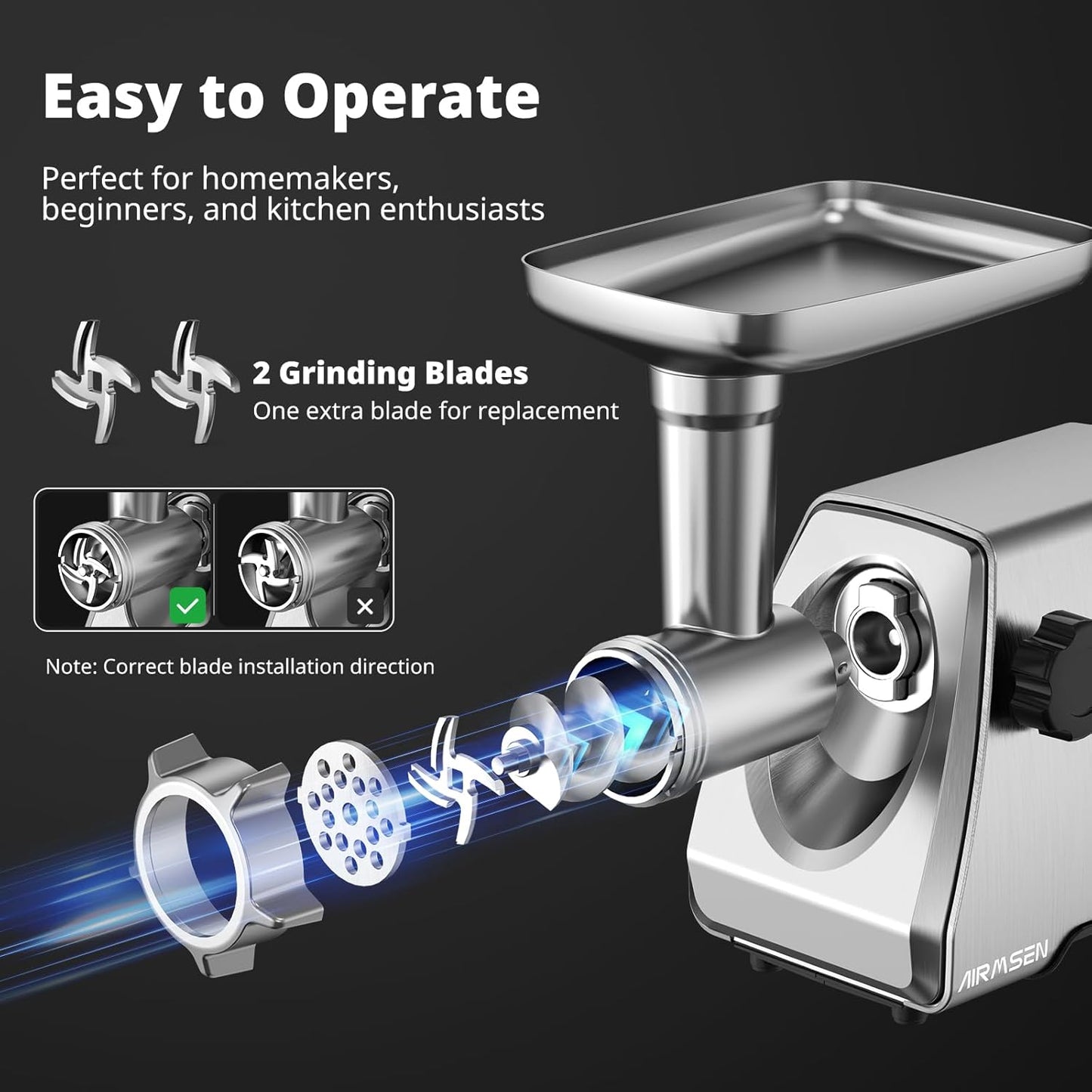 AIRMSEN Electric Meat Grinder & Tomato Sauce Press - Heavy Duty Food Mill for Grinding Meat & Making Sauces