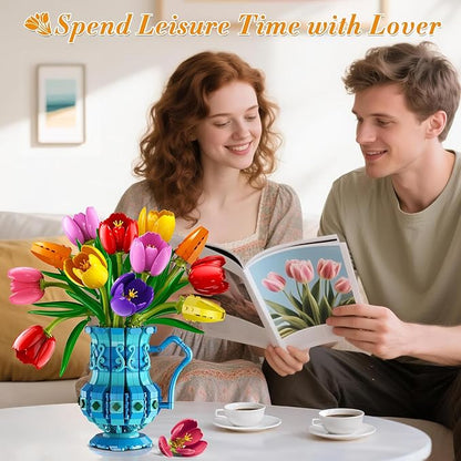 Flowers Bouquet Building Set with Vase - Tulips Bonsai Building Block for Adults Easter Gift for Her/Wife/Mom/Girlfriend 768PCS Artificial Plant Botanical Collection for Home Decor