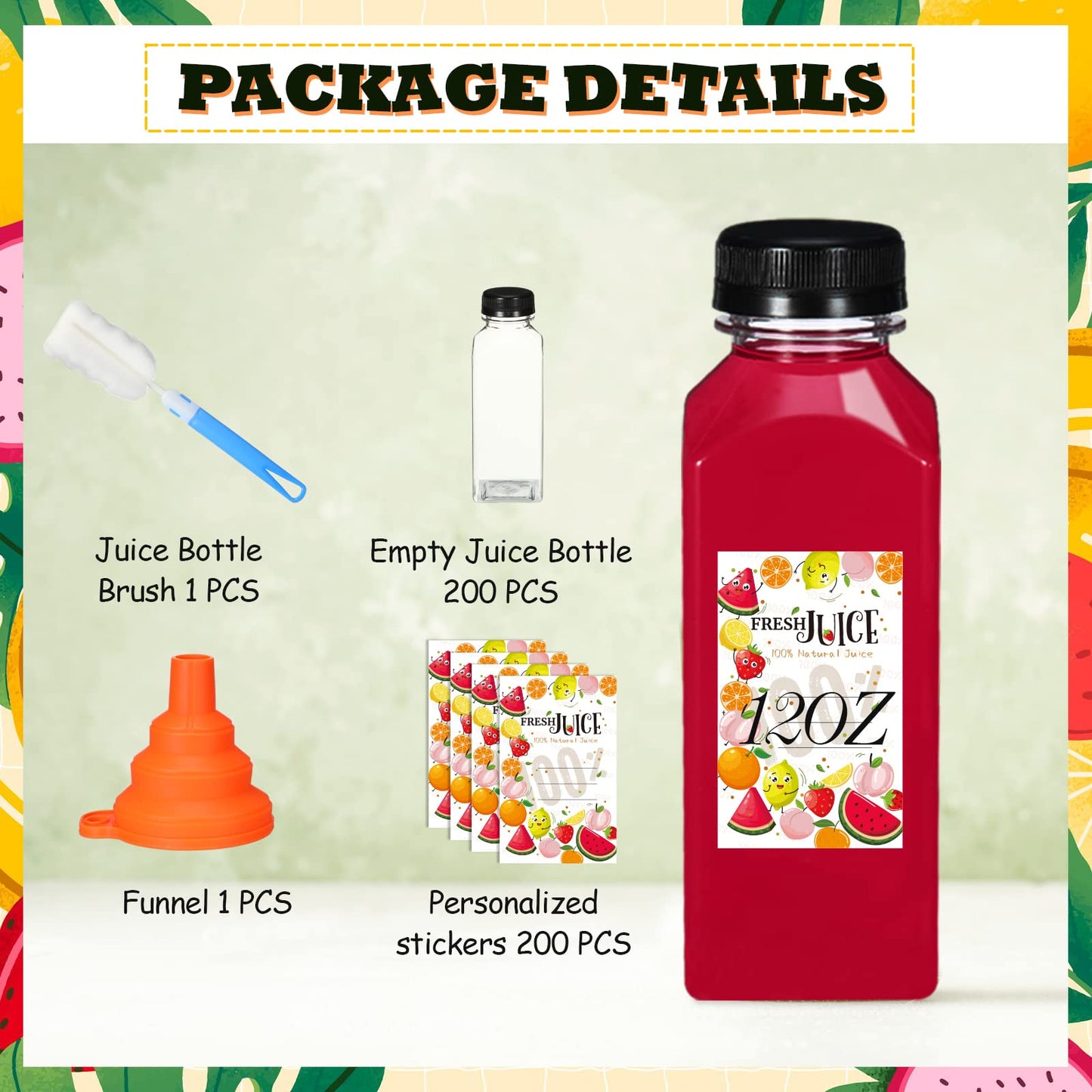 Hsei 200 Sets 12oz Plastic Juice Bottles with Caps Bulk Reusable Empty Clear Beverage Container With Lids, Labels, Funnel and Brush for Drinking Smoothie Drink Juicing Tea Milk Water