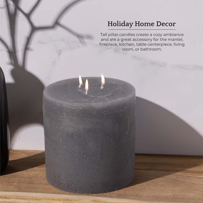 Bask Large Mottled Pillar Candles - Unscented - 6-Inch Diameter for Extra-Wide Holders - 3-Wick Candles for Home and Events - Gray