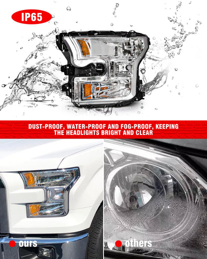 for Ford F150 2015 2016 2017 Headlight Assembly Halogen Lamp Chrome Housing Amber Reflector Driver Side and Passenger Side (Does not fit Models Equipped with LED or HID Headlights)（W/O Bulbs）