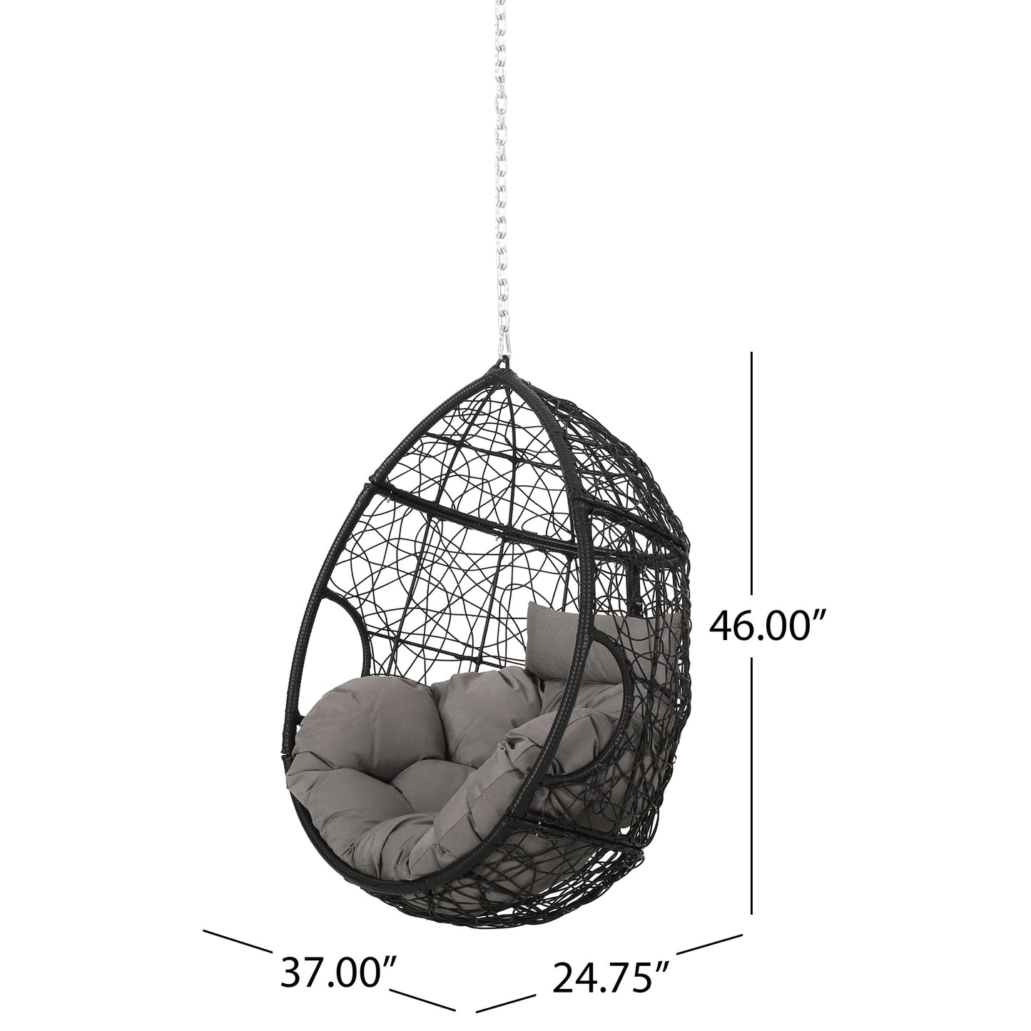 Merax Modern PE Wicker Egg Hanging Chair with Cushion, Outdoor Swing Rattan Chair for Balcony Bedroom, Backyard Gray+Black