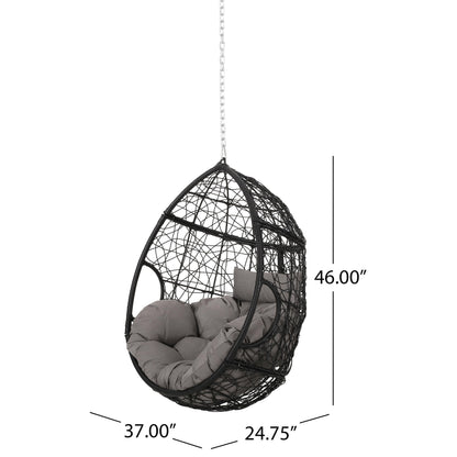 Merax Modern PE Wicker Egg Hanging Chair with Cushion, Outdoor Swing Rattan Chair for Balcony Bedroom, Backyard Gray+Black