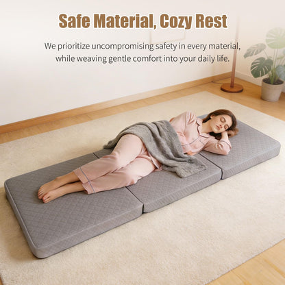 Tri-Folding Mattress, 3 Inch Portable Folding Mattress Topper with a Collapsible and Washable Cover, Portable Floor Bed for Travel, Fold Up Guest Bed, Camping and Yoga (Queen, Gray)