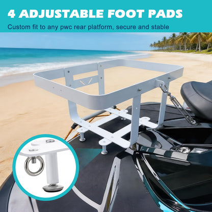 PWC Cargo Rack Aluminum Cooler Rack for Jet Ski, Adjustable Rear Platform Cargo Carrier, Compatible with RotoPax Fuel Can Mount, Heavy Duty Marine Cooler Holder for PWC ATV UTV with Straps