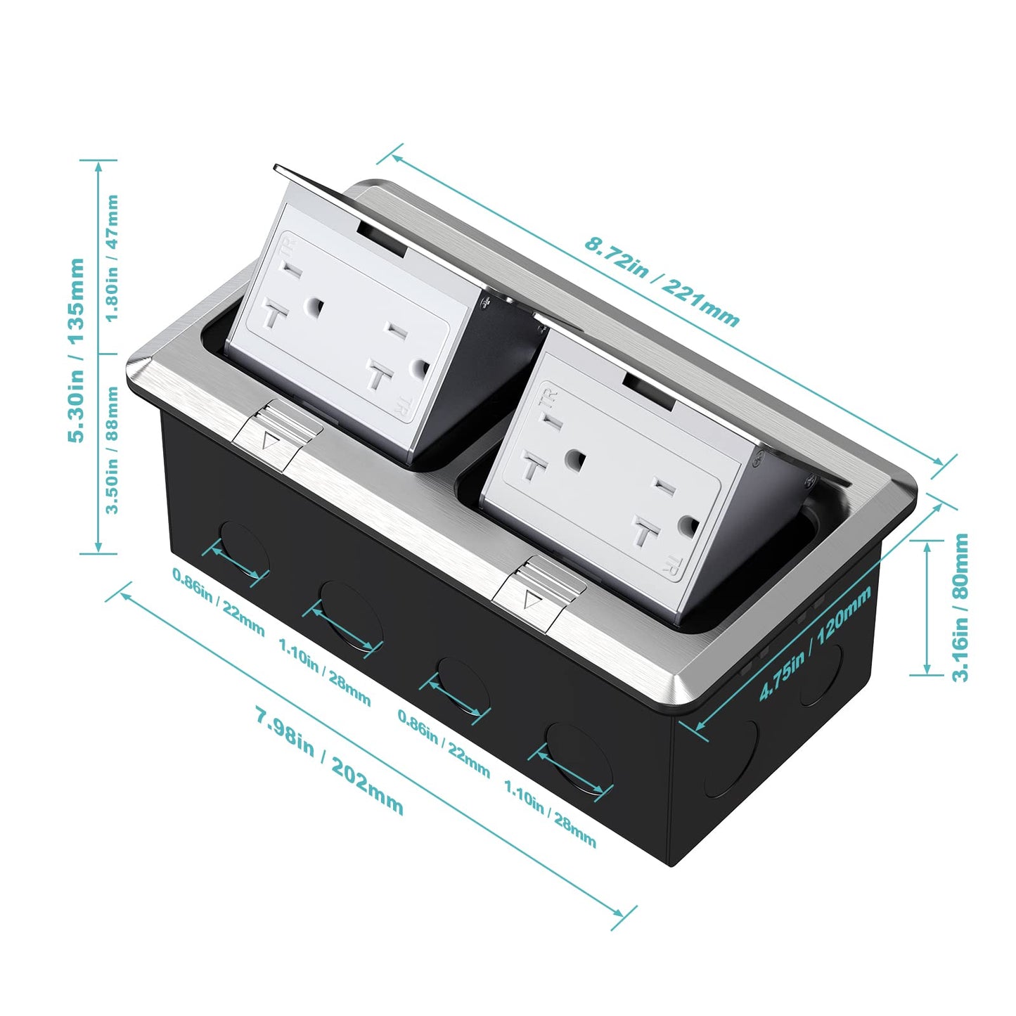 WEBANG Dual Pop-Up Floor Box Electrical Kit, 20A Tamper-Weather Resistant Duplex Receptacle Outlet, Corrosive Resistant Hardware, with Watertight Gasket, Brushed Nickel
