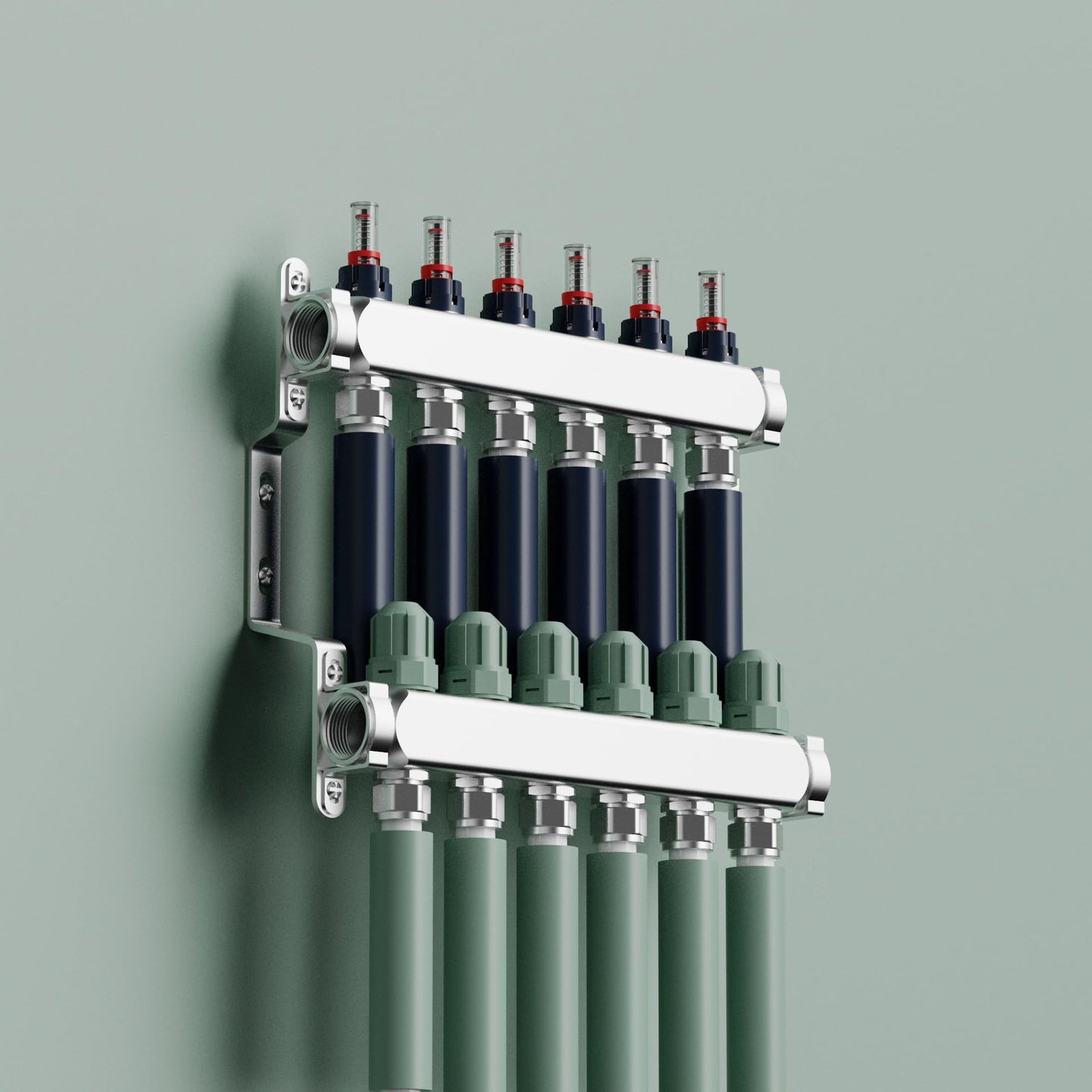 6 Loop Stainment Steel Manifold for Radiant Heat with Flow Meters, 1/2" Inch Compression Fittings, for Hydronic Infloor Heating System