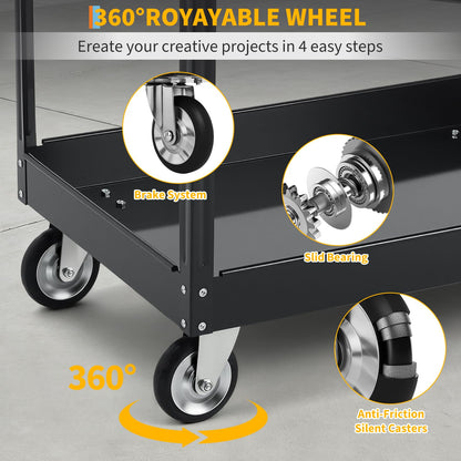 Utility Cart on Wheels, 500 lbs Capacity, 40" x 24.4" x 32.48"，Rolling Work Carts with Wheels, 2 Shelf Heavy Duty Steel Service Cart Suitable for Warehouse, Garage, School & Office, Cleaning, Black