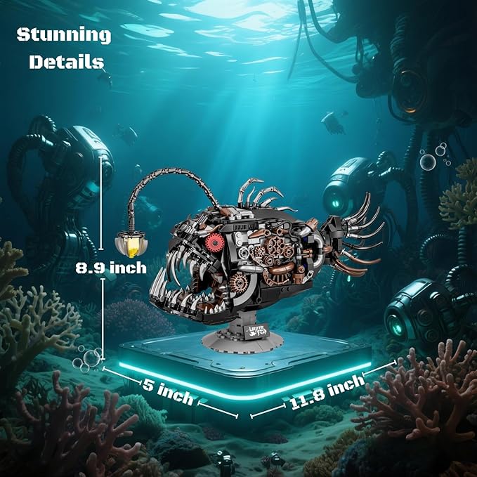 Mechanical Angler Fish Building Block Set - STEM Toys for Boys &amp Girls 8-14+ Deep Sea Ocean Creature Kit Home/Office Decor with Light Great Gift for Kids &amp Adults(1038+Pieces)