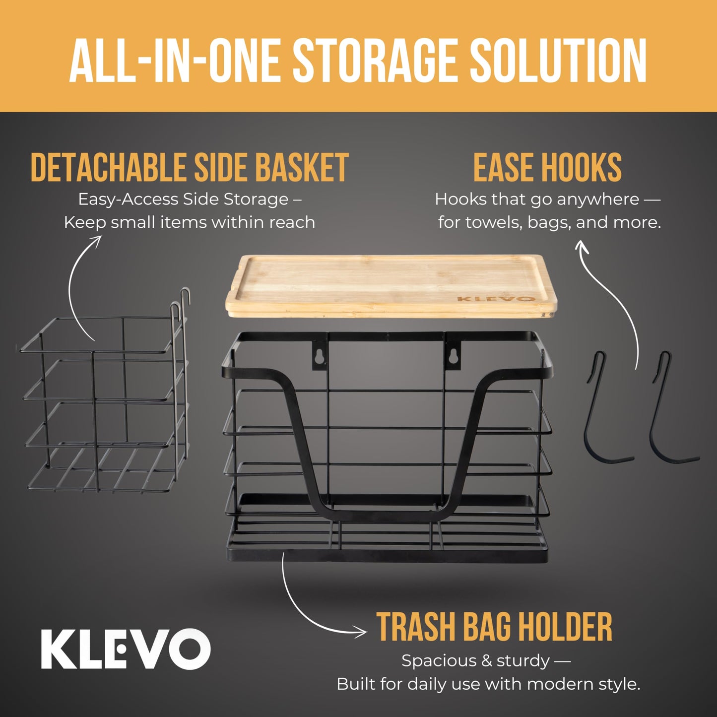 KLEVO 3-in-1 Extra Large Under Sink Trash Bag Holder – Wall Mounted Garbage Bag Dispenser with Detachable Basket & 2 Hooks – Kitchen Cabinet & Laundry Room Organization for 13/33 Gallon Trash Bags