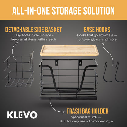 KLEVO 3-in-1 Extra Large Under Sink Trash Bag Holder – Wall Mounted Garbage Bag Dispenser with Detachable Basket & 2 Hooks – Kitchen Cabinet & Laundry Room Organization for 13/33 Gallon Trash Bags