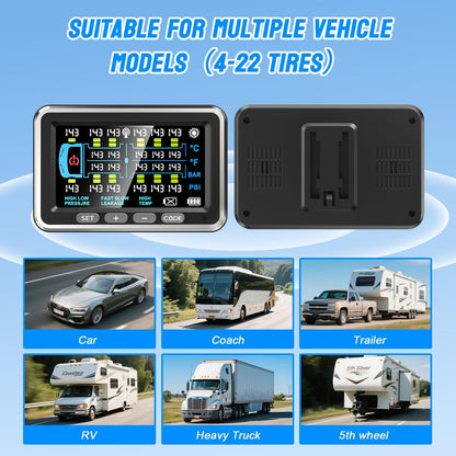 NLNE Trailer Tire Pressure Monitoring System 10 Sensors, 4.5" RV TPMS with Flow Through Sensor,6 Alerts Modes Monitor for Semi Truck/Camper/5th Wheel,Motorhome,Signal Booster,0-188PSI(4-22 Sensors)