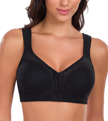 Lemorosy Women's Full Coverage Plus Size Front Closure Posture Back Non-Padded Wireless Support Minimizer Bra (38G, Black)