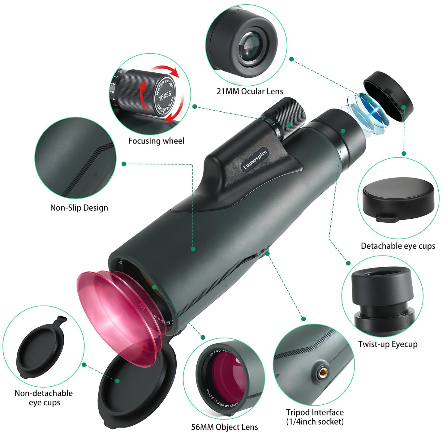 16x56 High Powered Monoculars for Adults – HD BAK4 FMC Long-Range Monocular Telescope, IPX7 Waterproof with Smartphone Adapter & Tripod for Bird Watching, Hunting, Hiking & Camping, Gift Set