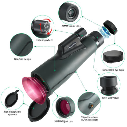 16x56 High Powered Monoculars for Adults – HD BAK4 FMC Long-Range Monocular Telescope, IPX7 Waterproof with Smartphone Adapter & Tripod for Bird Watching, Hunting, Hiking & Camping, Gift Set