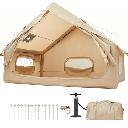 Inflatable Camping Tent for 2-6 Person, Quick Setup Blow Up Tent with Hand Pump, Waterproof 4 Season Air Glamping Tent with Skylight, Mesh Windows & Stove Jack, for Camping, Beach, Outdoor