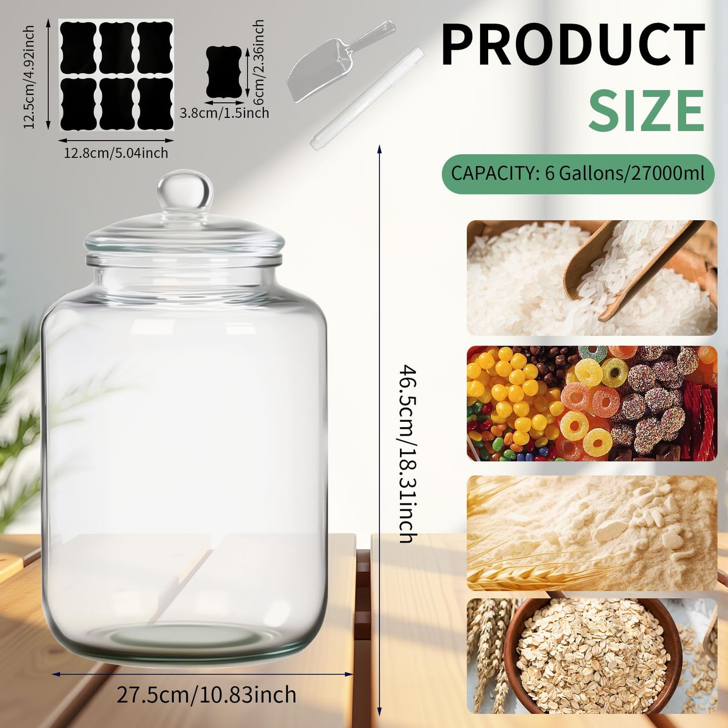 LECEHIVO 2 Pcs 6 Gallon Glass Jar with Lid Large Airtight Food Storage Canister Big Opening Cookie Canning Pot Containers for Flour, Sugar, Dog Treats, Candy, Pasta, and Kitchen Use
