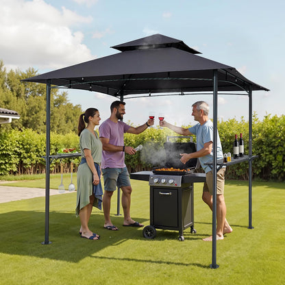 VEVOR Grill Gazebo, 8 x 5 ft Outdoor BBQ Gazebo with Double-Tiered Roof, Powder-Coated Steel Patio Grill Shelter with 2 Side Shelves & 8 Hooks, Grilling Canopy for Patio Backyard Garden Picnic