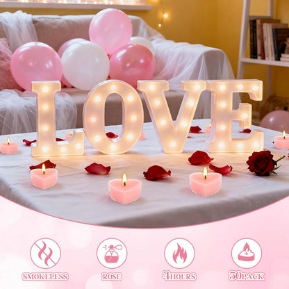 50Pcs Valentines Day Tealight Candles Rose Scented in Clear Cup,Love Pink Wax Votive Candle for Valentine's Day,Home Decor,Wedding, Anniversary, 4Hours Heart Shaped