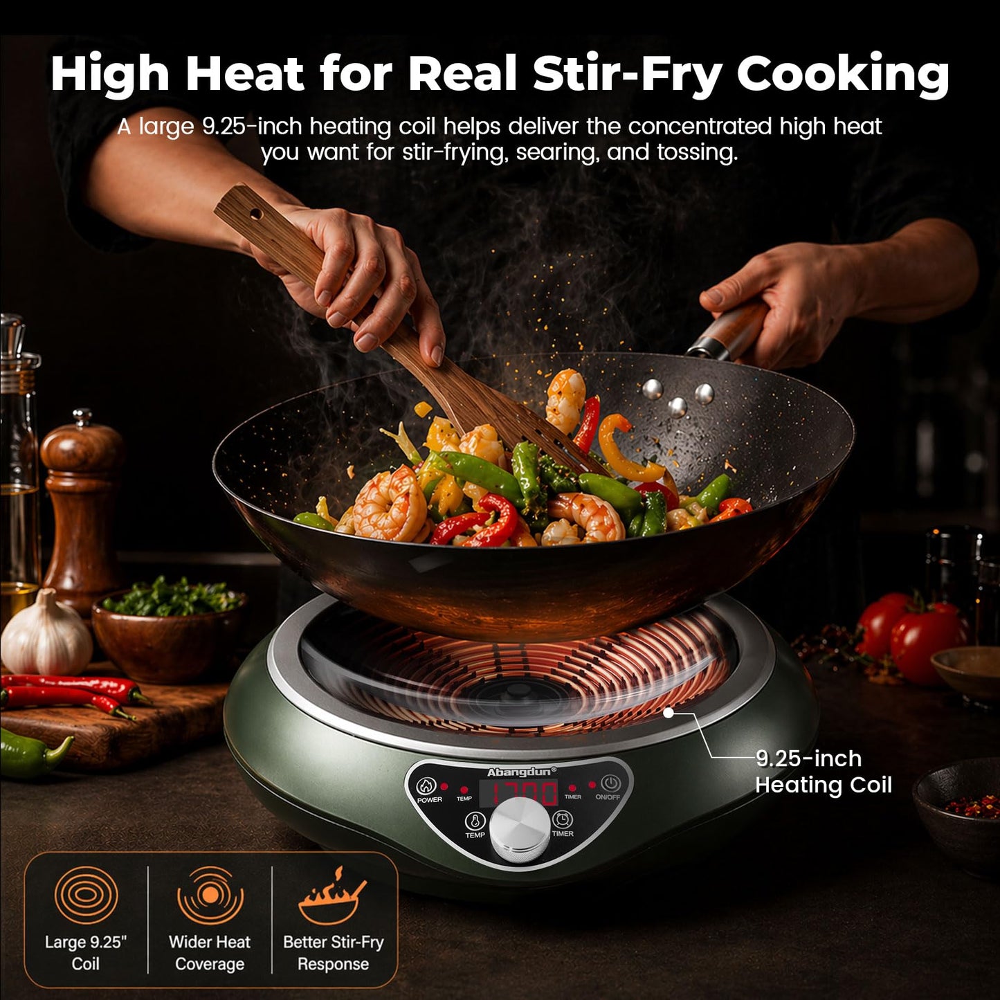 ABangDun 1700W Concave Induction Wok Cooktop,9.25-Inch Coi,Non-Pulse Continuous Heating, Professional Countertop Wok Burner Stove for Stir Fry Cooking