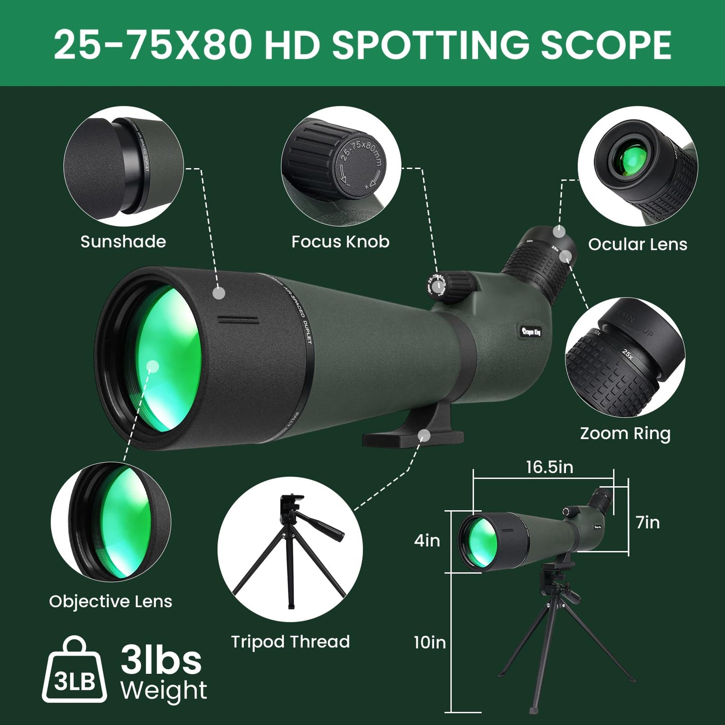 BIBIRE 25-75x80 HD Spotting Scopes, Angled Spotter Scope with Tripod and Phone Adapter Spotting Scope for Bird Watching Wildlife Wiewing