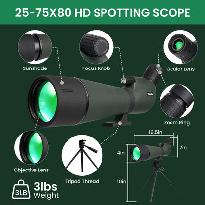 BIBIRE 25-75x80 HD Spotting Scopes, Angled Spotter Scope with Tripod and Phone Adapter Spotting Scope for Bird Watching Wildlife Wiewing