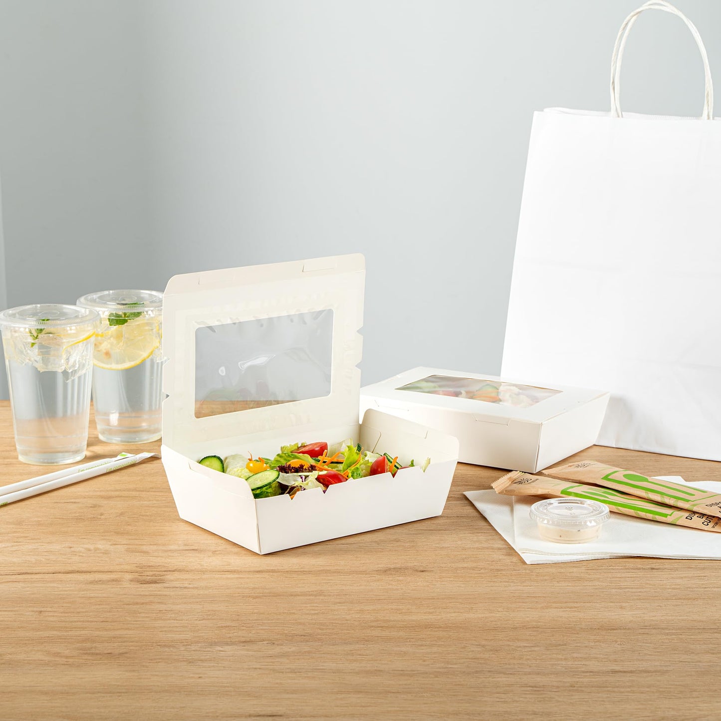 Restaurantware, Cafe Vision 42 Ounce Disposable To Go Boxes 200 Paper Boxes For Food - Hinge Lock Grease-Impervious White Paper Take Out Food Containers With Window For Lunch Or Desserts