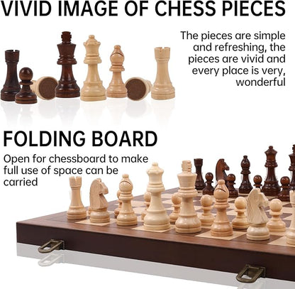 15 Magnetic Chess Set with Foldable Board &amp Travel Bag - Professional Wooden Chess Game Luxury Storage Bag - Perfect Christmas/Birthday for Men Dad (Chess Set + Bag)