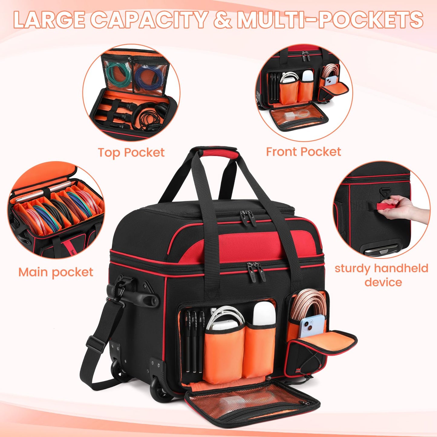 BOSSTIN Rolling DJ Cable Bag with Wheels, DJ Gig Bag Case for Equipment with 15.6" Laptop Compartment, Padded Detachable Dividers, Multi-Pocket Travel Storage for Music Gear & Accessories