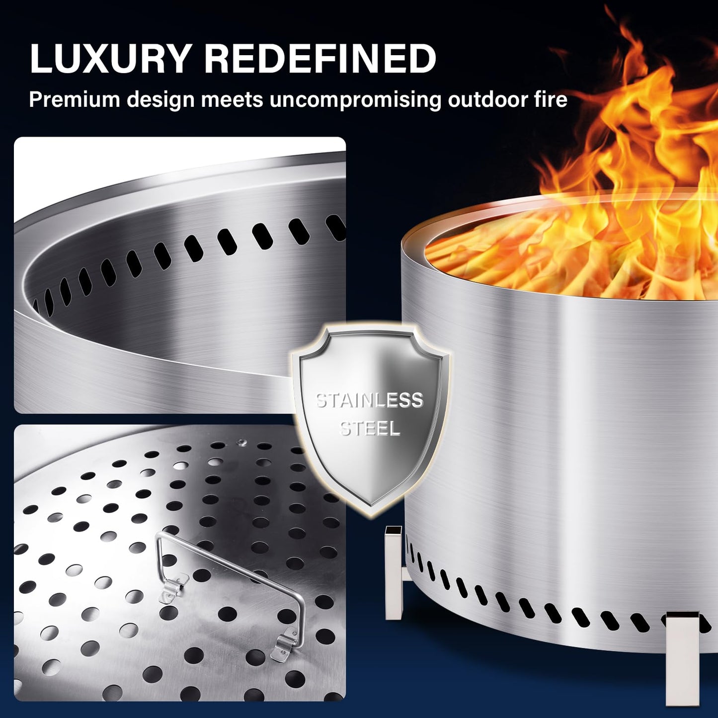 HGD 28" Smokeless Firepit with Stand & Grill Rack, Large Stainless Steel Wood Burning Fire Pit for Friends & Family Gatherings, Secondary Combustion Outdoor Patio Stove for BBQ & Bonfire