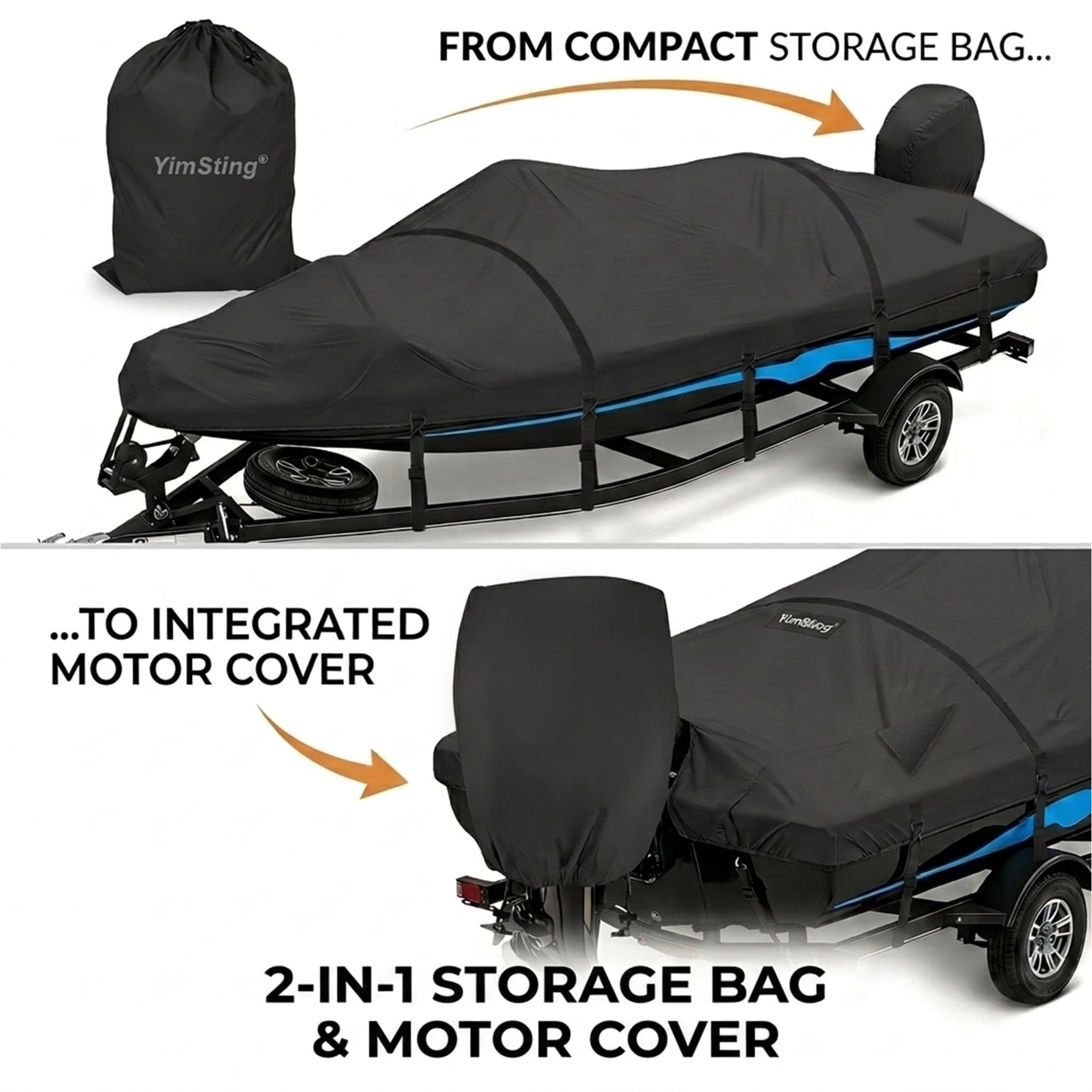 YimSting Boat Cover 16-18.5ft, 1200D Heavy Duty Waterproof Boat Cover with Metal Hook & Motor Cover, Fits 16' 17' 18' Bass Boat, V-Hull, Tri-Hull & Runabout Boats up to 94" Beam, Black