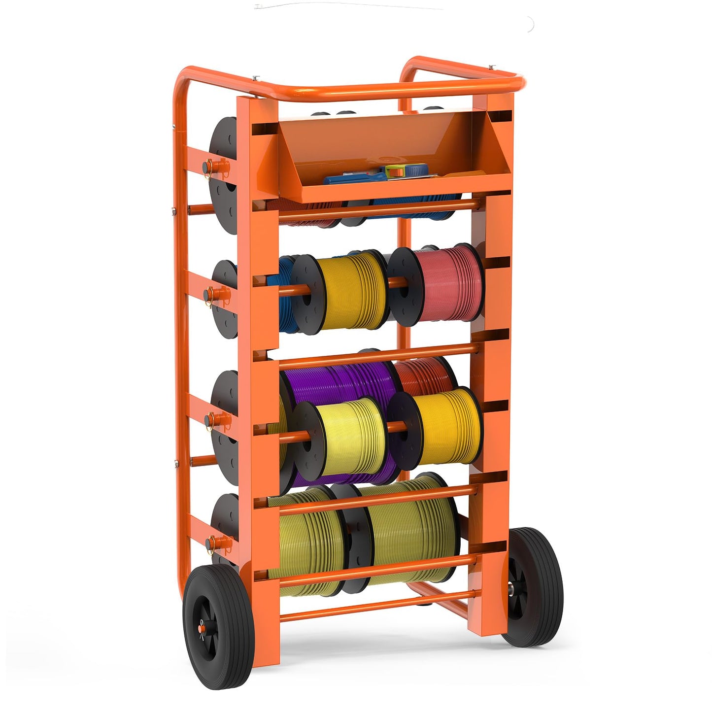 Wire Spool Rack Cable Caddy,Portable Wire Rack Dispenser with Wheel, Automotive Wiring Storage, Multi-Spool Wire/Cable Dispenser, Electrical Wire Spool Holder Cart with Storage Tray (Orange)