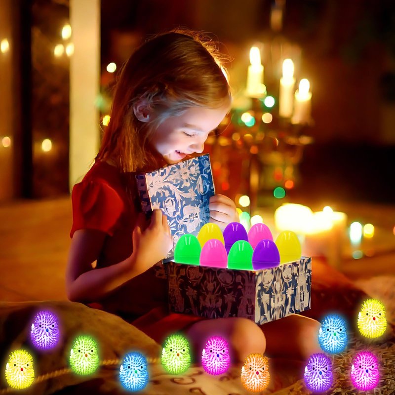 PIONJOY 12 Pack Easter Eggs Filled Chick LED Puffer Balls,LED Light Up Toys Stuffers Stress Relief LED Ball for Kids Easter Egg Hunt Filling Treats Easter Basket Stuffers Easter Party Favor