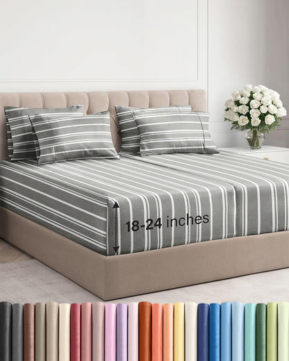 Skiennix Extra Deep Split King Sheet Set - 7 Piece Cooling Bedding - Soft, Wrinkle-Free, Grey Stripes