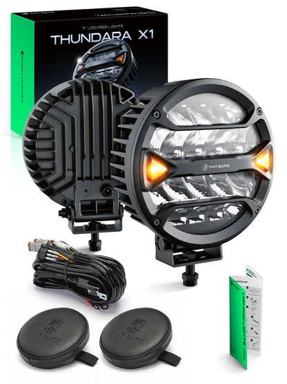 YHTAUTO 7 Inch LED Light Bars w/Wiring Harness & Light Cover, 90W, 8100LM, 5700K, Spot10° Beam Off Road Camper Driving Work Light for Truck SUV ATV UTV Golf Cart Tractor Van Boat IP67 Waterproof Lamp