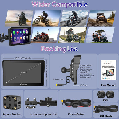 Carpuride W702T PRO 7" Waterproof GPS Navigation Screen for Motorcycle with CarPlay & Android Auto & TPMS & Dual Bluetooth, Music Sharing, Intercom, EQ, Light Sensor, Compass, Barometer